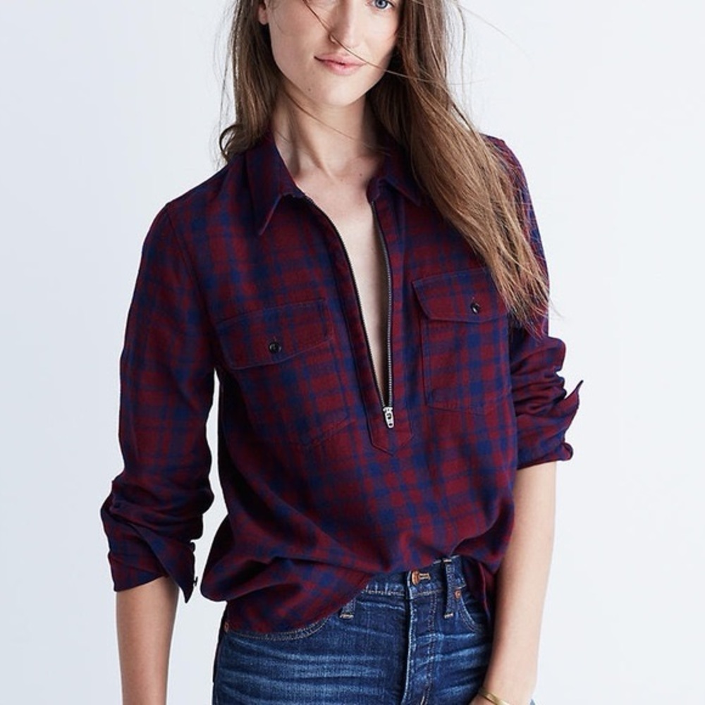 Madewell Red and Blue Plaid Zip Shirt